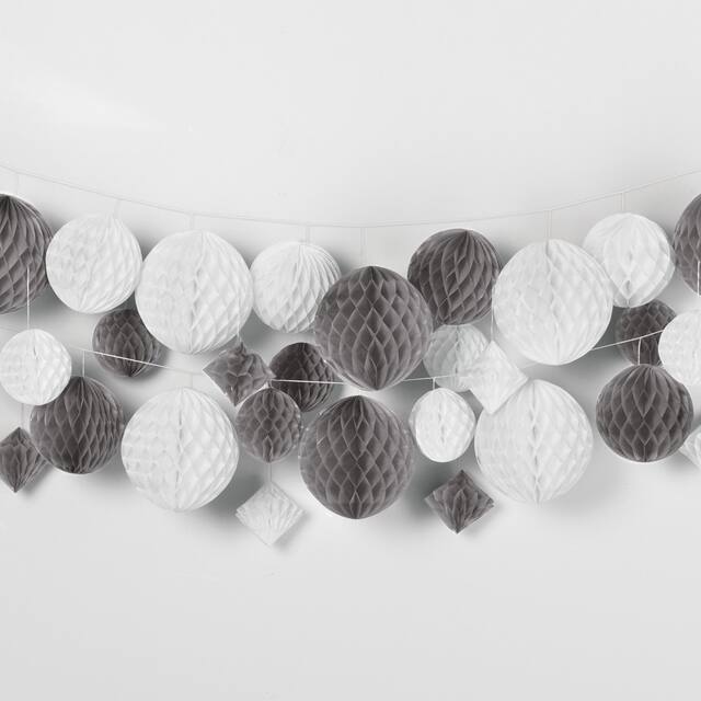 Honeycomb Hanging Garland Banner Decorations, Silver/White, 12-ft, 29-pk, for New Year's Eve/Graduation Decor CloseUp