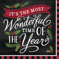 "It’s The Most Wonderful Time Of The Year" Square Paper Disposable Beverage Napkins, Red/Black, 5-in, 36-pk, 2-ply, for Christmas Overhead_Flat