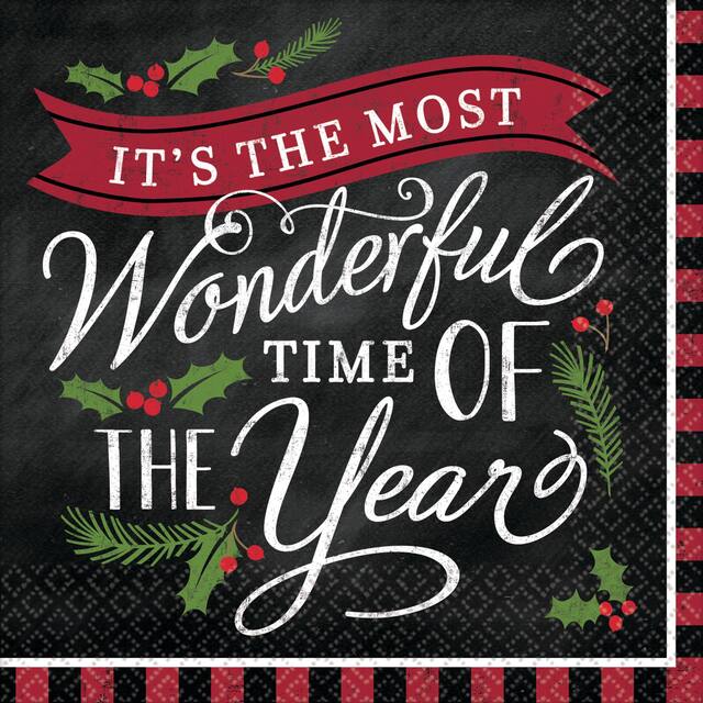 "It’s The Most Wonderful Time Of The Year" Square Paper Disposable Beverage Napkins, Red/Black, 5-in, 36-pk, 2-ply, for Christmas Overhead_Flat