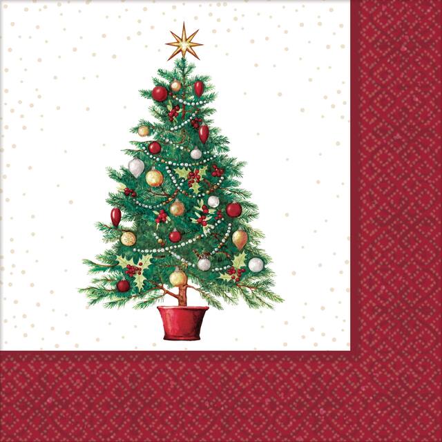 Square Paper Disposable Beverage Napkins, Red/White, Christmas Tree, 5-in, 125-pk, 2-ply, for Christmas Overhead_Flat