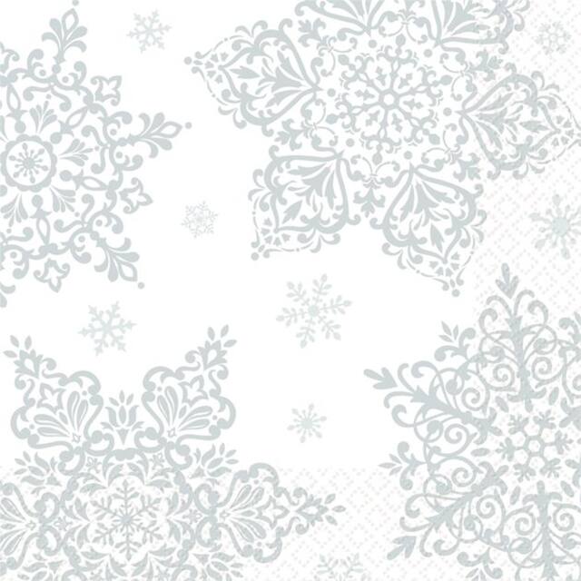 Square Paper Disposable Beverage Napkins, Silver/White, Snow Flake, 5-in, 125-pk, 2-ply, for Christmas/Winter Party CloseUp