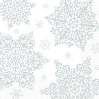 Square Paper Disposable Lunch Napkins, White/Silver, Snow Flake, 6.5-in, 125-pk, 2-ply, for Christmas/Winter Party CloseUp