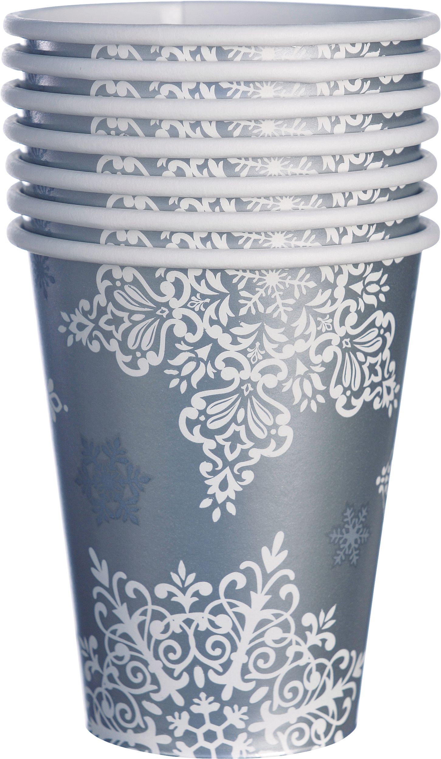 Paper Disposable Cups, Silver, Snow Flake, 9-oz, 50-pk, for Christmas/Winter Party Front_Elevated