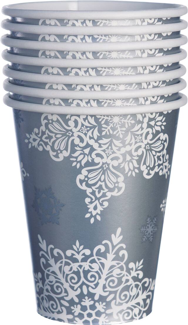 Paper Disposable Cups, Silver, Snow Flake, 9-oz, 50-pk, for Christmas/Winter Party Front_Elevated