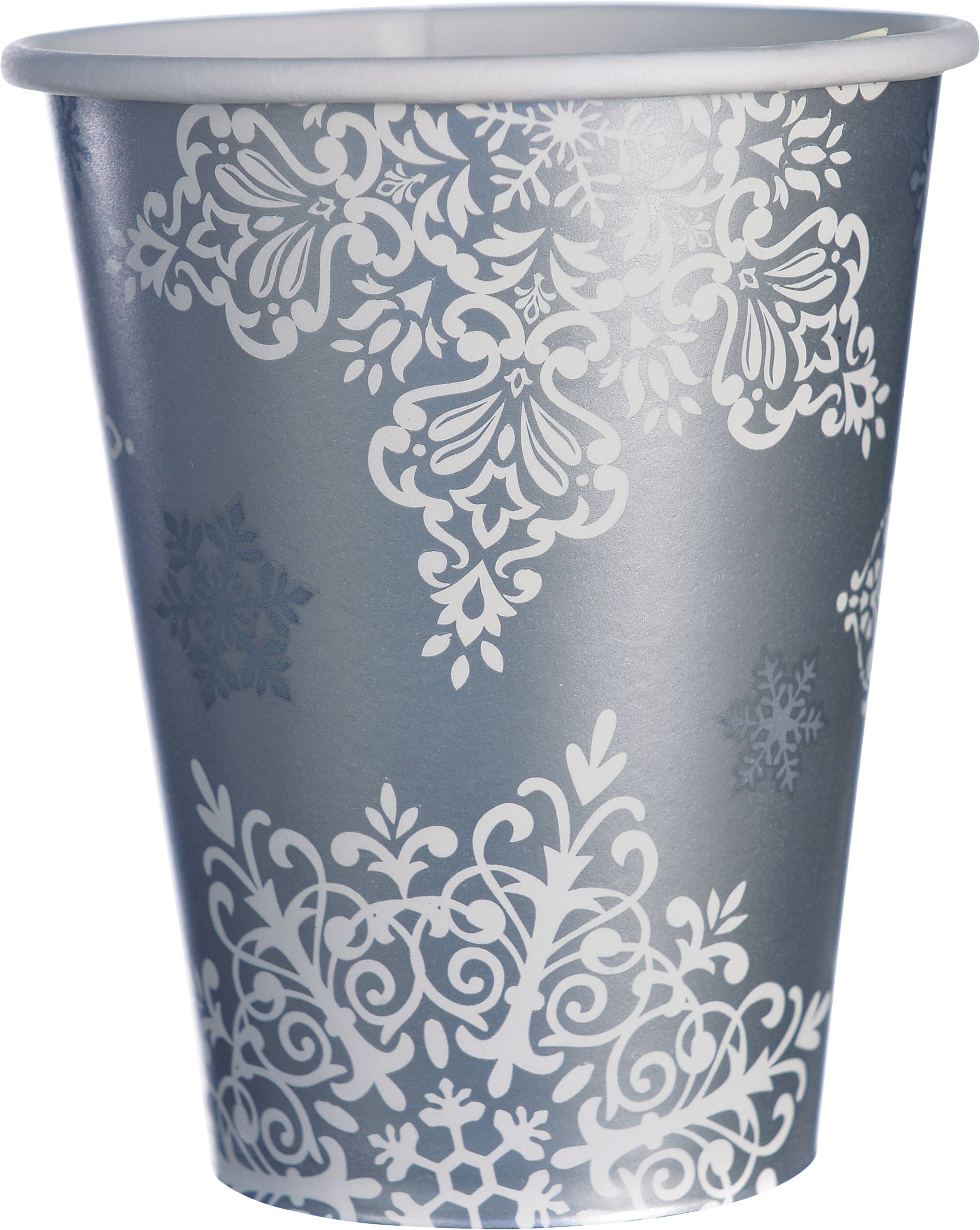 Paper Disposable Cups, Silver, Snow Flake, 9-oz, 50-pk, for Christmas/Winter Party Front_Elevated