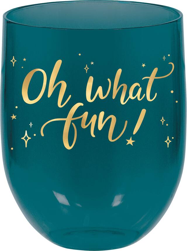 Metallic Gold  Teal Very Merry Stemless Wine Glasses, 4-pk Front_Flat