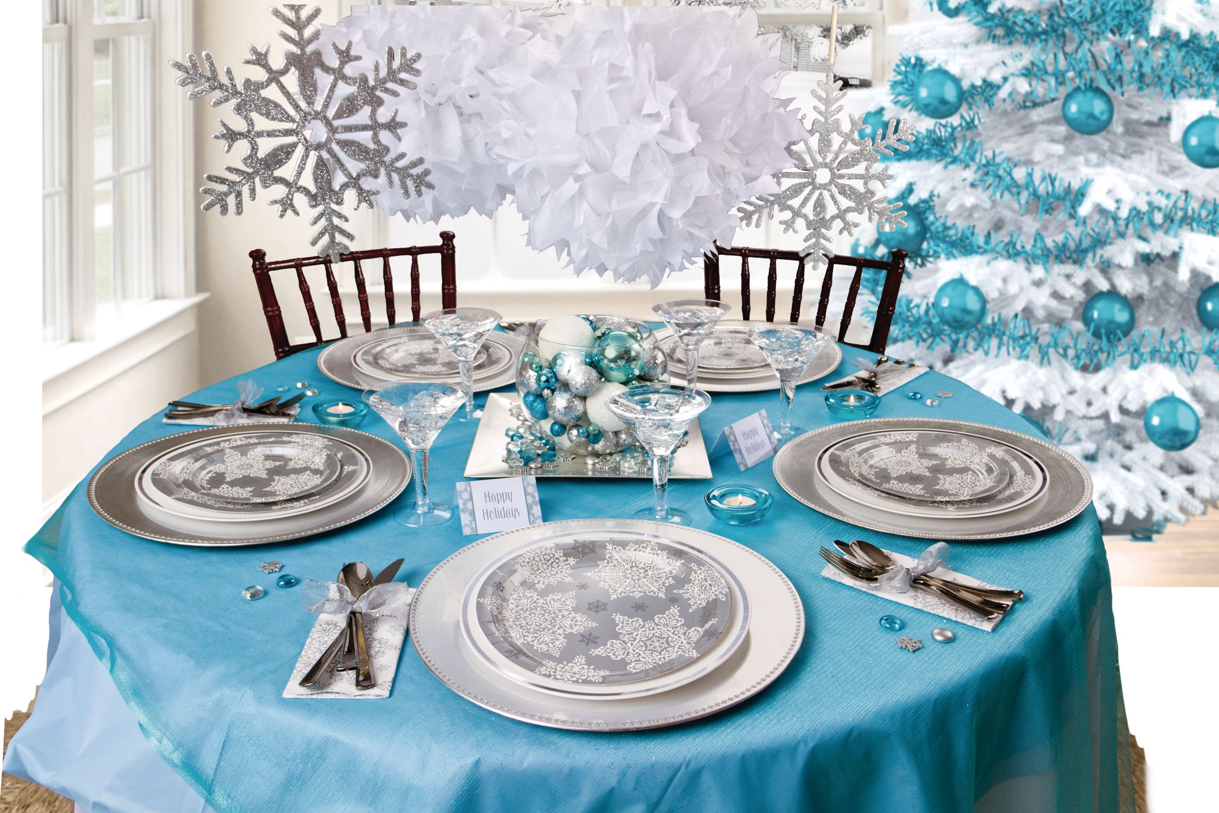 Round Paper Disposable Dinner Plates, White/Silver, Snow Flake, 13-in, 60-pk, for Christmas/Winter Party Composite_or_Mixed