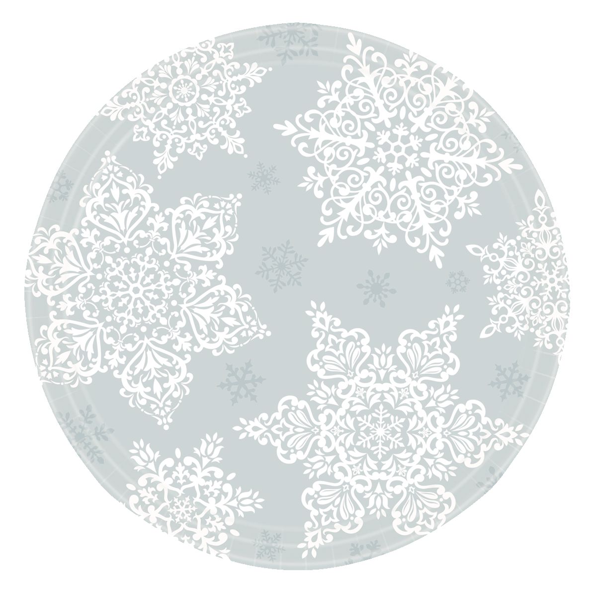 Round Paper Disposable Dinner Plates, White/Silver, Snow Flake, 13-in, 60-pk, for Christmas/Winter Party Overhead_Flat