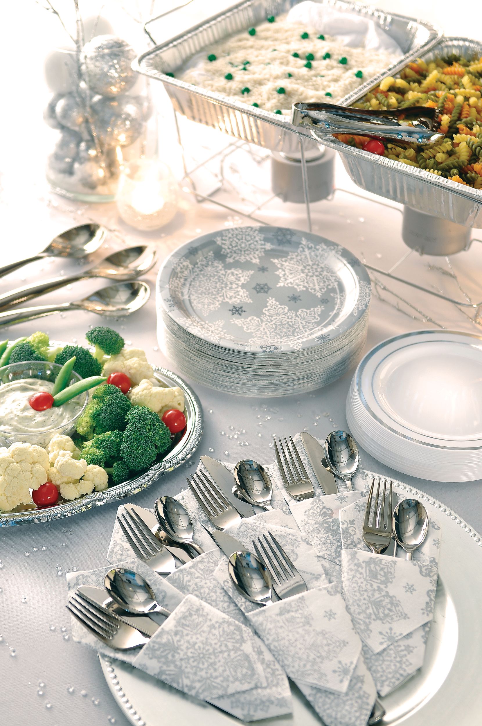 Round Paper Disposable Dinner Plates, White/Silver, Snow Flake, 13-in, 60-pk, for Christmas/Winter Party Composite_or_Mixed