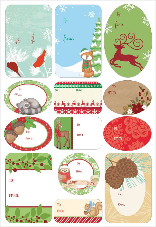 Étiquettes-cadeaux adhésives de Noël, animaux de la forêt, paq. 156 Front_Flat