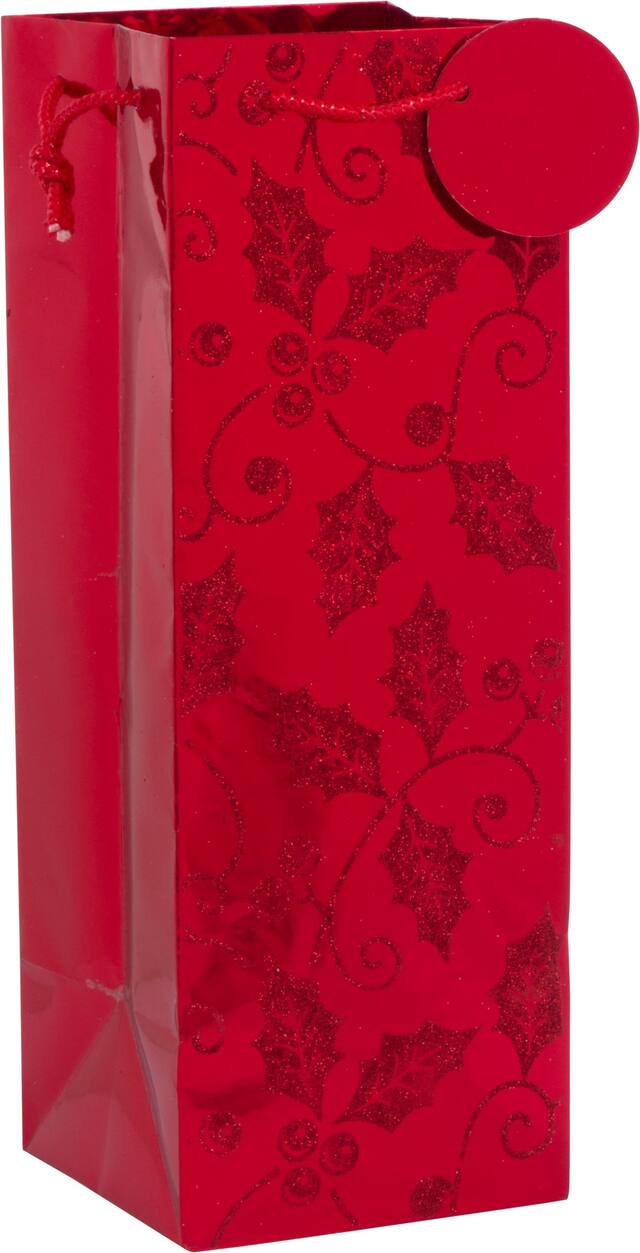 Sac à bouteille rouge à motif de houx scintillant Front_Angled_Right