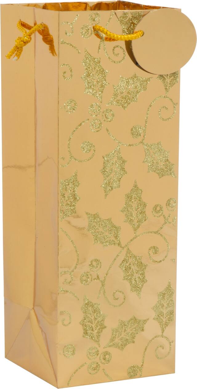 Sac à bouteille doré à motif de houx scintillant Front_Angled_Right