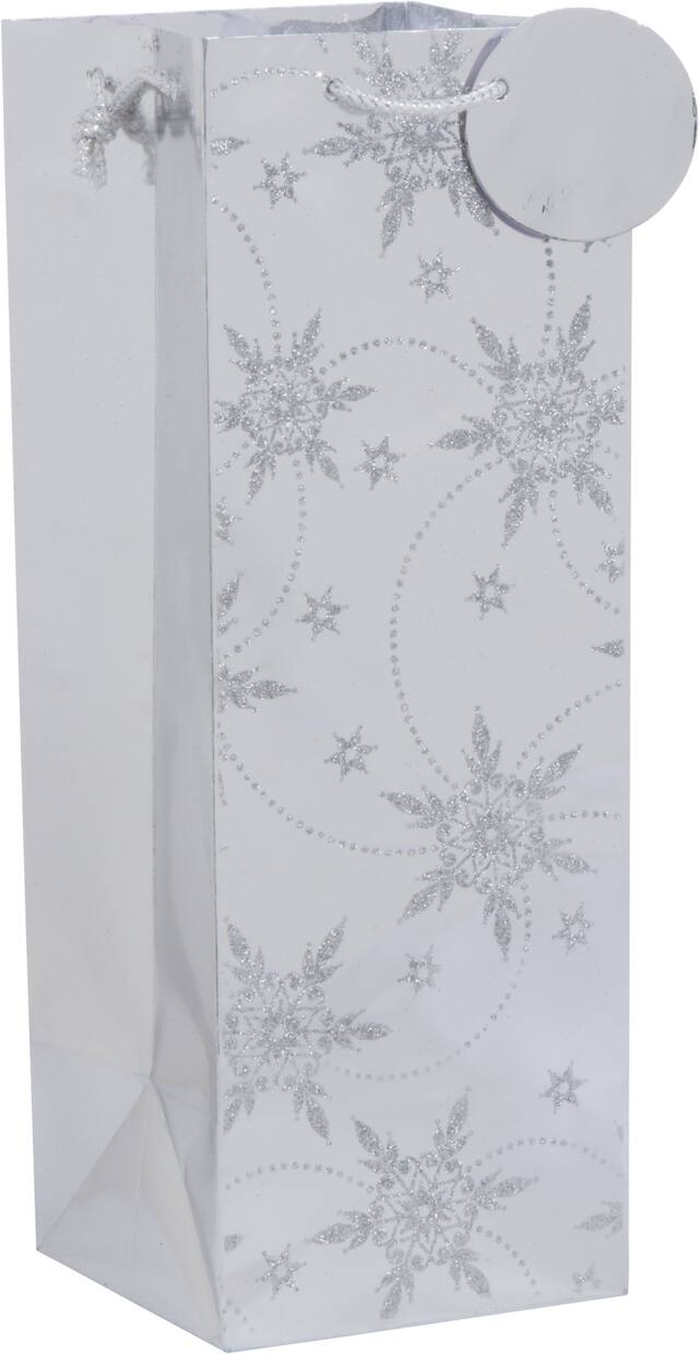 Sac à bouteille à motif de flocons de neige argentés scintillants Front_Angled_Right