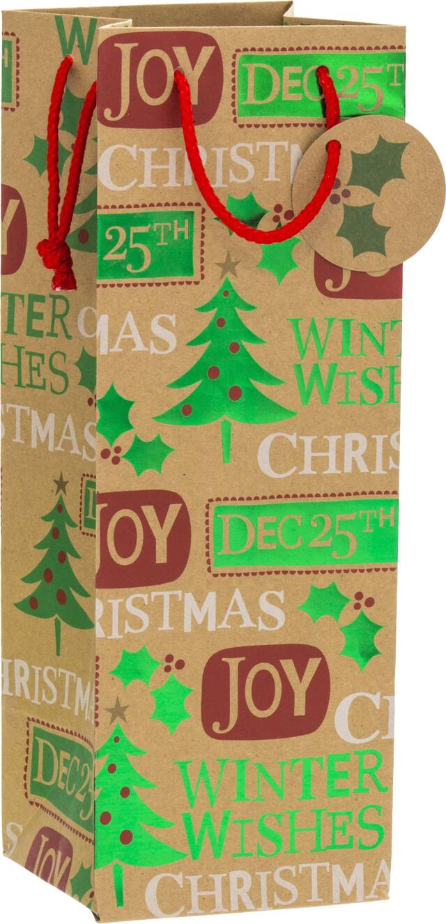 Metallic Christmas Messages Kraft Bottle Bag Front_Angled_Right