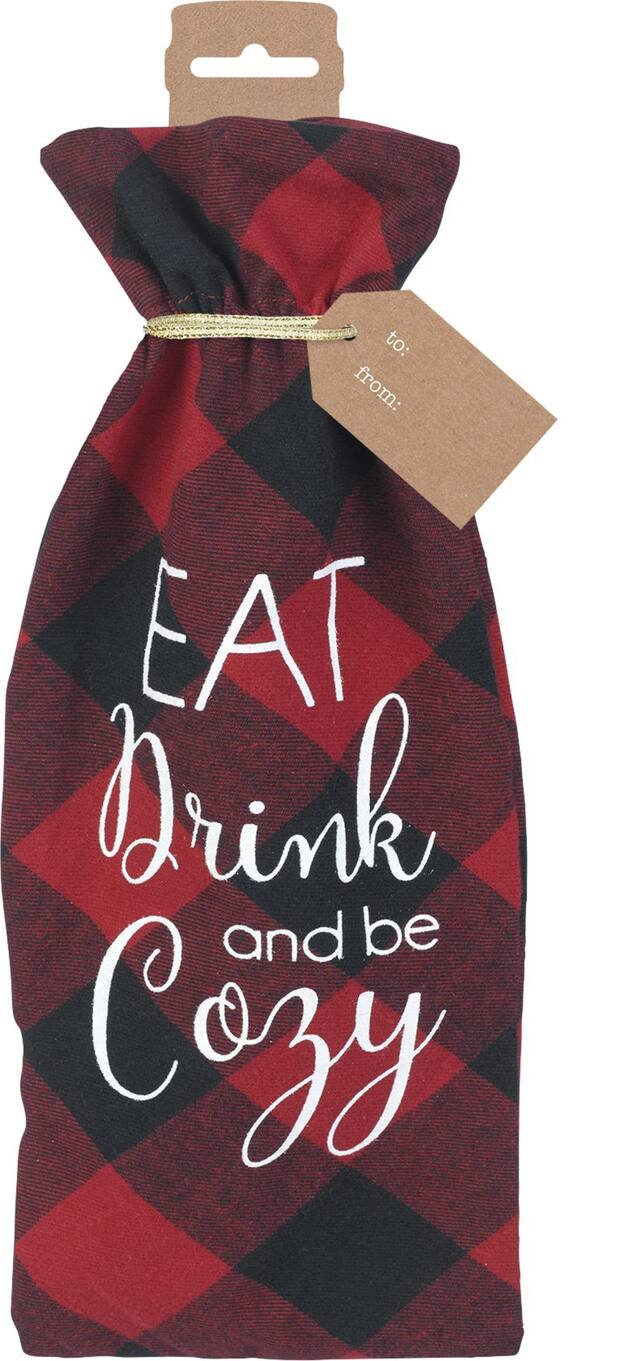 Eat, Drink, Cozy Fabric Bottle Bag Front_Flat