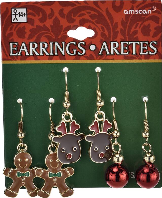 Gingerbread Man & Reindeer Christmas Earrings Set, 6-pc Front_Flat