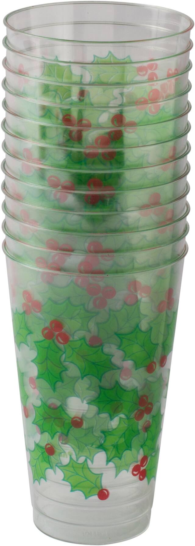 Plastic Reusable Tumbler Cups, Clear/Green, Greenery, 16-oz, 25-pk, for Christmas Front_Elevated