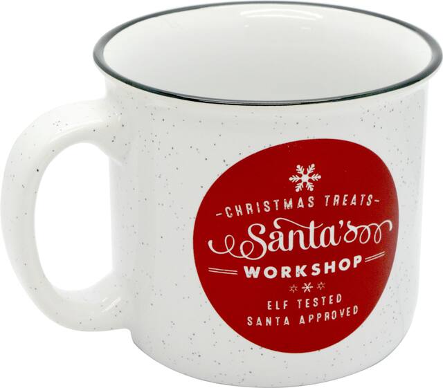Speckled Santa's Workshop Mug Front_Angled_Right