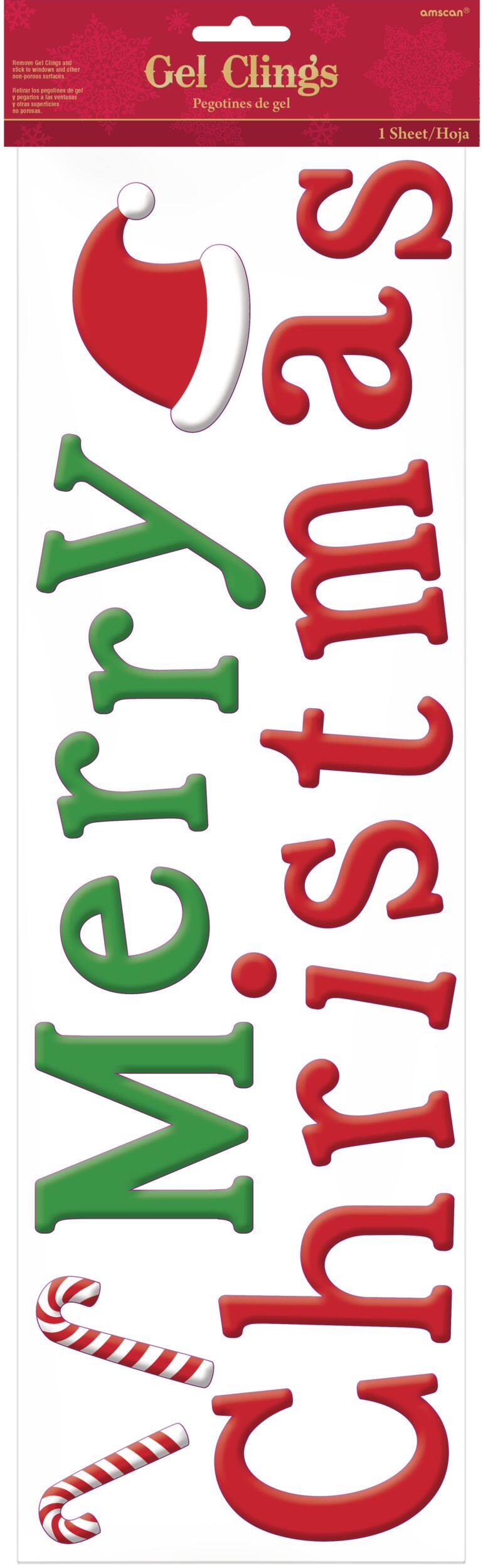 "Merry Christmas" Wall & Window Gel Cling Decal Decorations, Red/Green, 9.5-in, 20-pk, for Christmas Front_Flat