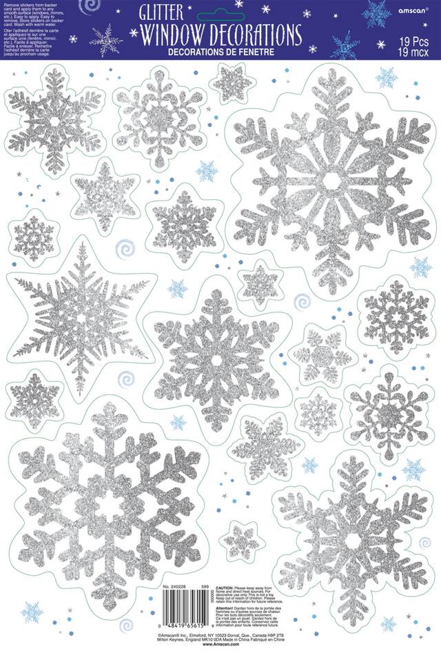 Glitter Snowflake Cling Window Decals, 19-pc Front_Flat