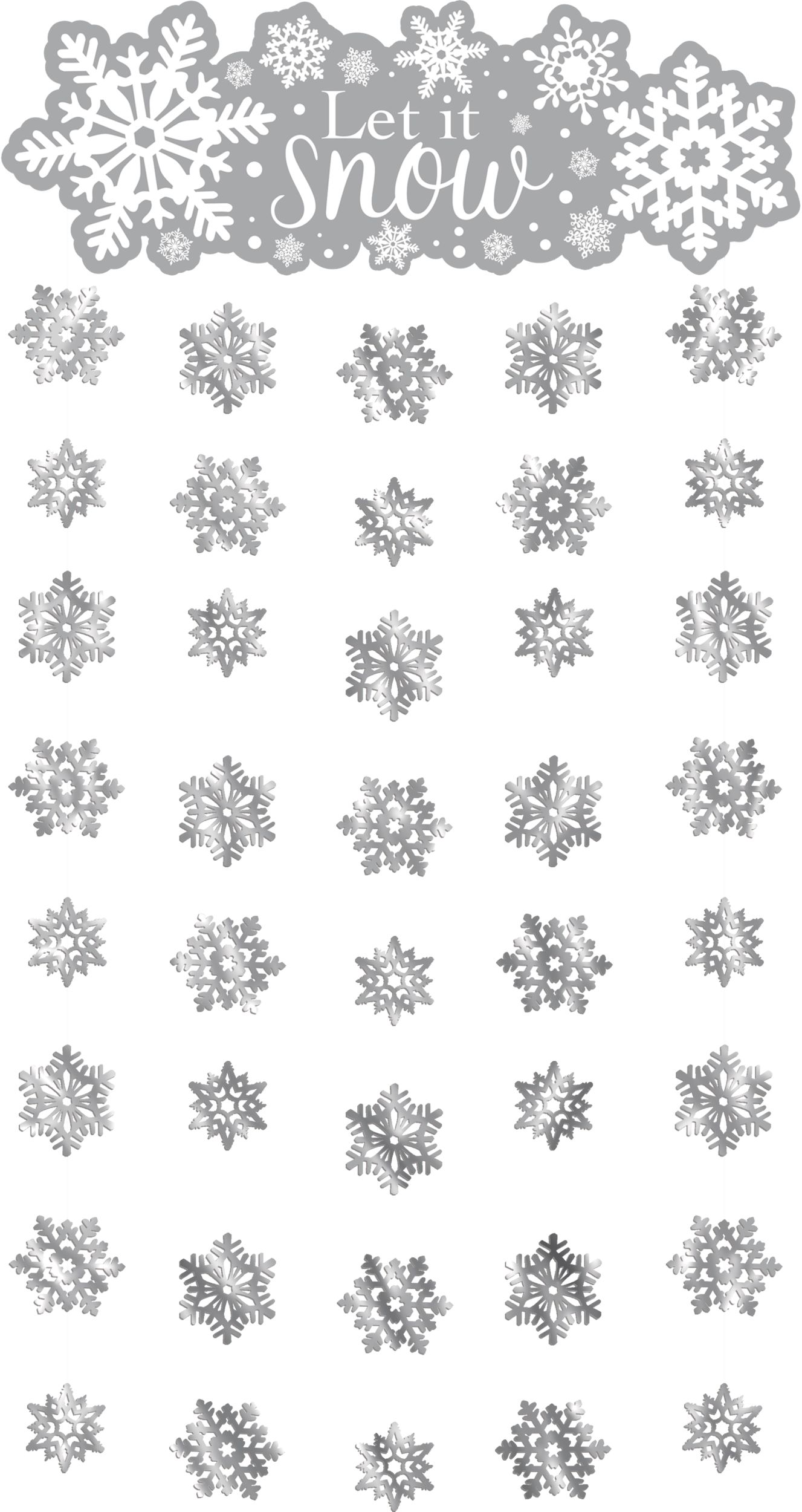"Let it Snow" Hanging Doorway Curtain Decoration, Silver, Snowflakes, 6-ft, for Christmas Front_Flat