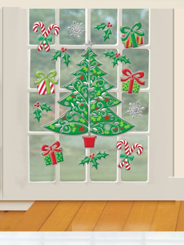 Wall & Window Gel Cling Decal Decorations, Green/Red, 17-in, 14-pk, for Christmas Front_Flat