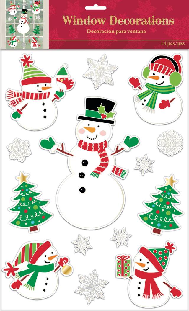 Snowman Wall & Window Cling Decal Decorations, Red/Green/White, 7-in, 14-pk, for Christmas Front_Flat