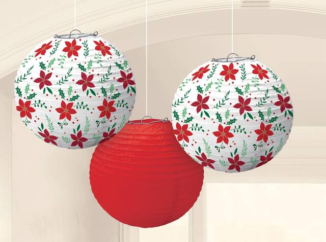 Poinsettia Christmas Paper Lanterns, 3-pk Front_Flat