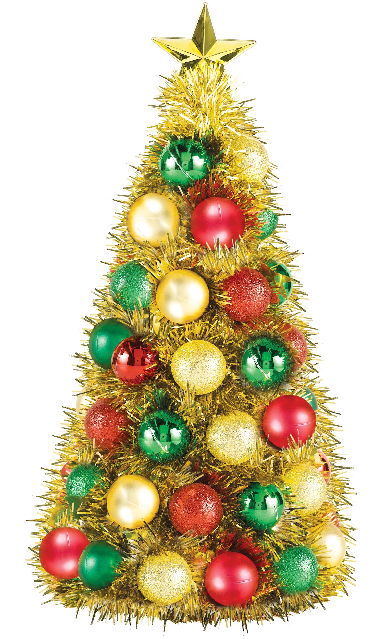 Gold, Green and Red Tinsel Ornament Tree Front_Flat