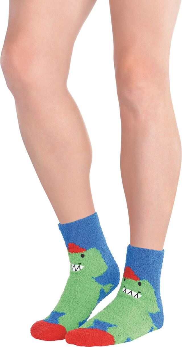 Adult Fuzzy Dinosaur Crew Socks Front_Angled_Left