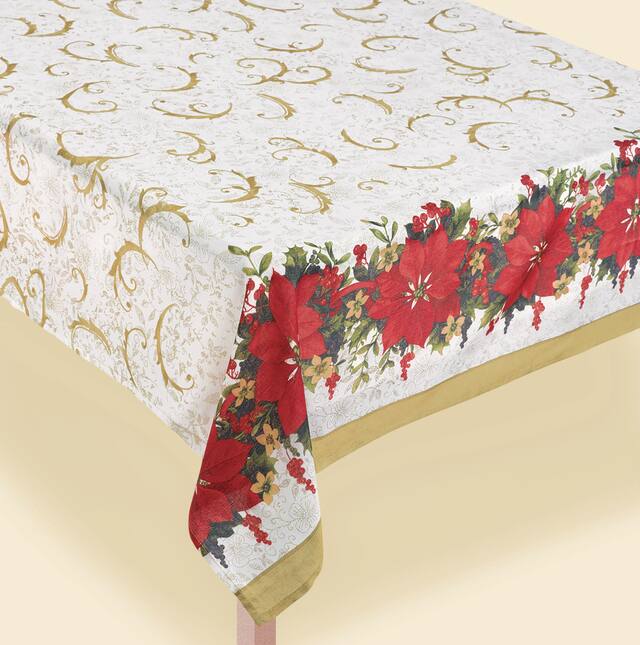 Poinsettia Fabric Tablecloth, 60 x 84-in CloseUp