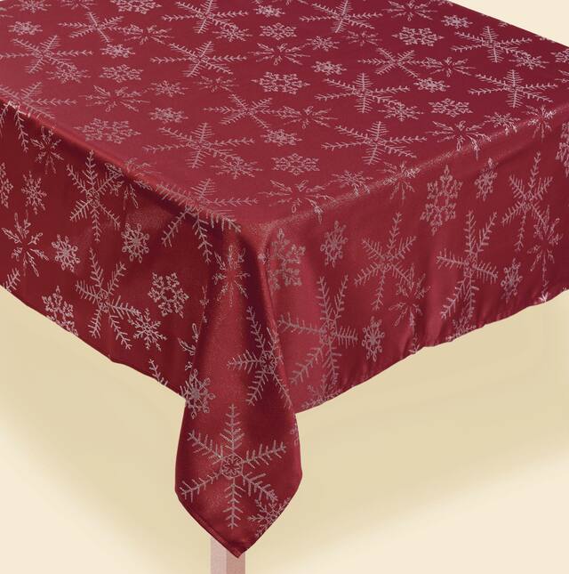 Metallic Red Snowflake Fabric Tablecloth, 60 x 104-in CloseUp