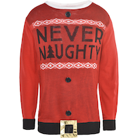 Chandail affreux de Noël indiquant Adult Never Naughty Front_Flat