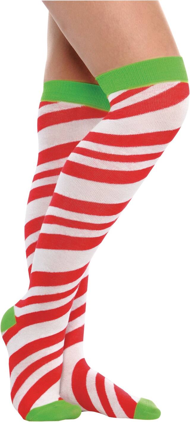 Chaussettes rayées avec canne de Noël au-dessus des genoux Side_Right