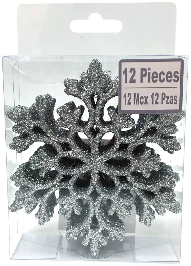 Glitter Silver Snowflake Ornaments, 12-pk Front_Flat