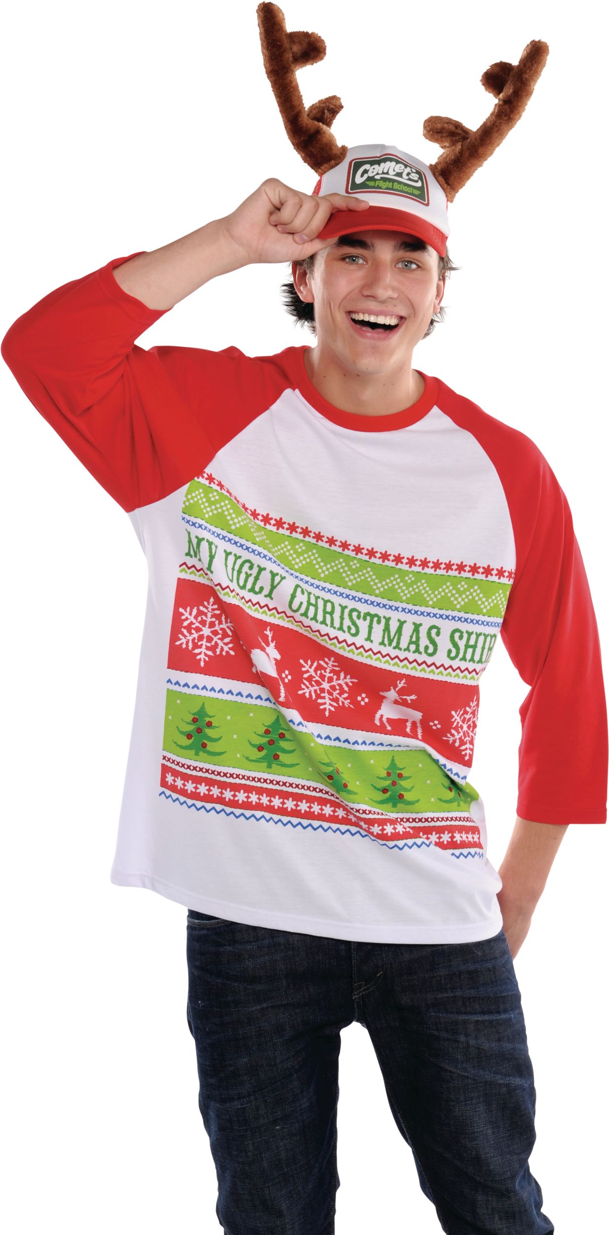 Christmas Trucker Hat with Antlers Front_Three_Fourths_Angled_Right