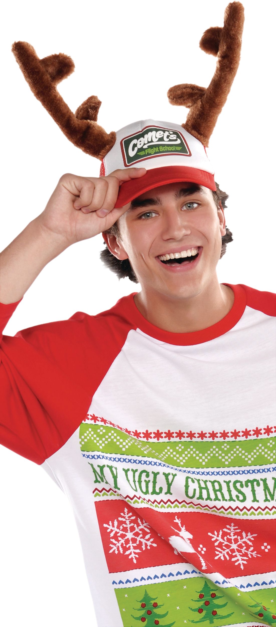 Christmas Trucker Hat with Antlers Front_Three_Fourths_Angled_Right