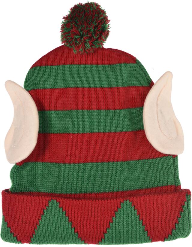 Elf Beanie Hat with Ears, Green/Red, One Size, for Christmas Front_Flat