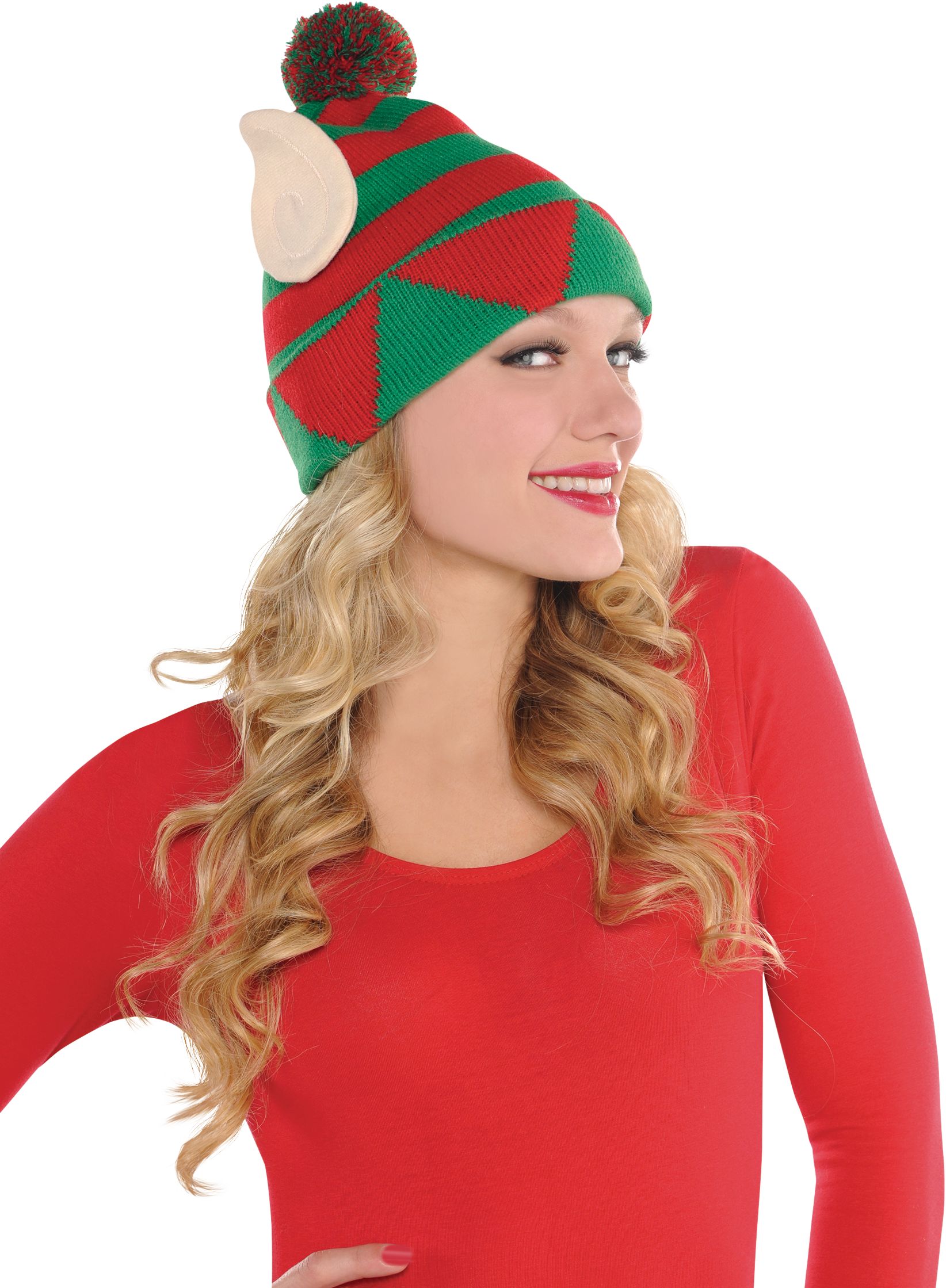 Elf Beanie Hat with Ears, Green/Red, One Size, for Christmas Front_Angled_Right