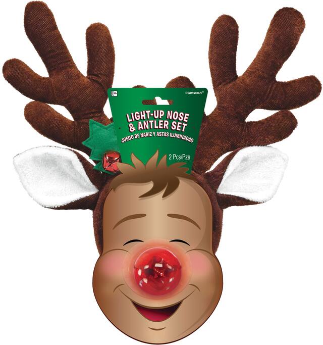 Rudolph Reindeer Light-Up Antler & Nose, Brown/Red, One Size, 2-pk, for Christmas Front_Flat
