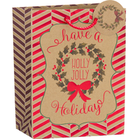 Metallic Holly Jolly Holiday Kraft Christmas Gift Bag Front_Angled_Right