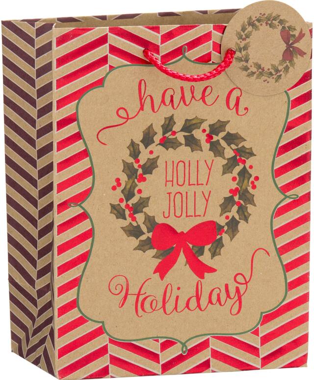 Metallic Holly Jolly Holiday Kraft Christmas Gift Bag Front_Angled_Right