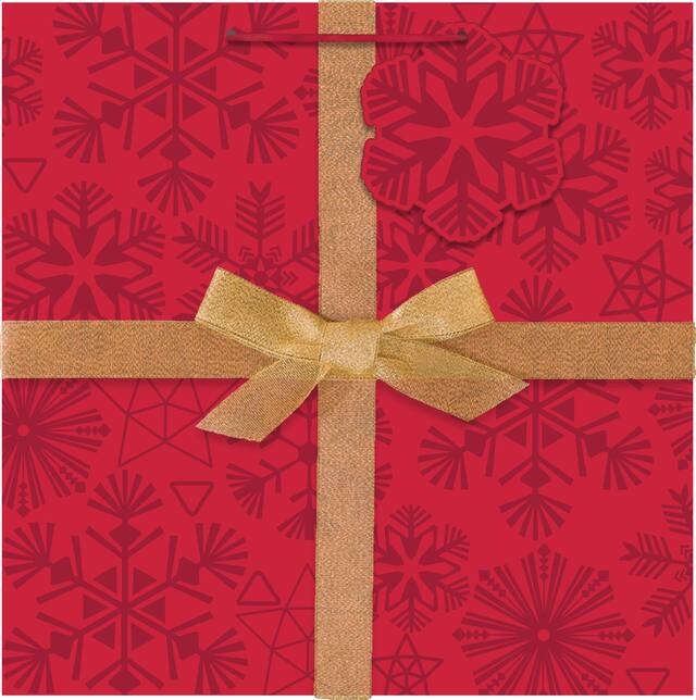 Sac-cadeau brillant avec arc et flocon de neige, petit Front_Flat