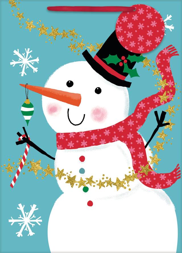 Sac-cadeau lustré Joyeux bonhomme de neige, grand Front_Flat