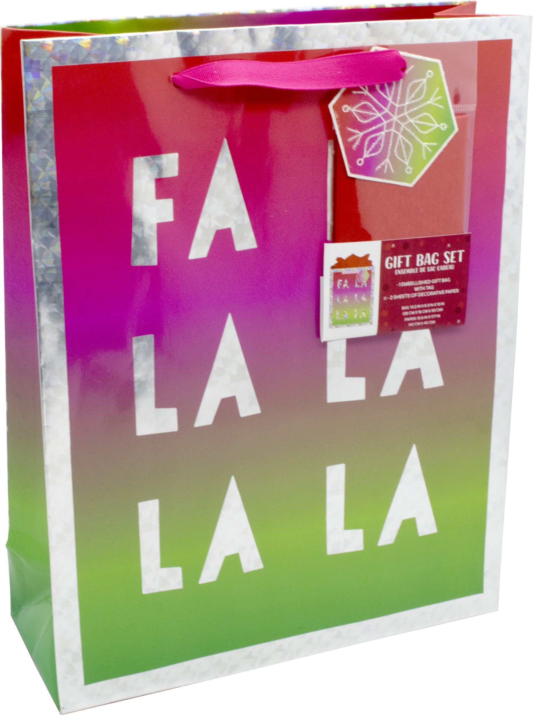 Medium Prismatic Fa La La La La La Glossy Gift Bag Set, 3-pc Front_Angled_Right