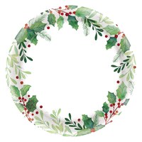 Round Paper Disposable Dessert Plates, White/Green, Floral Greenery, 7-in, 40-pk, for Christmas/Winter Party Overhead_Flat