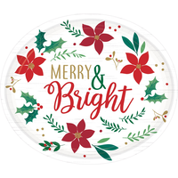 "Merry & Bright" Oval Paper Disposable Dinner Plates, Red/Green, Floral Greenery, 12-in, 8-pk, for Christmas Overhead_Flat