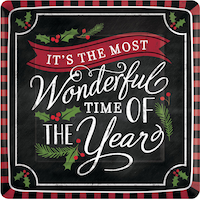 "It's The Most Wonderful Time Of The Year" Square Paper Disposable Dinner Plates, Red/Black, 10-in, 18-pk, for Christmas Overhead_Flat