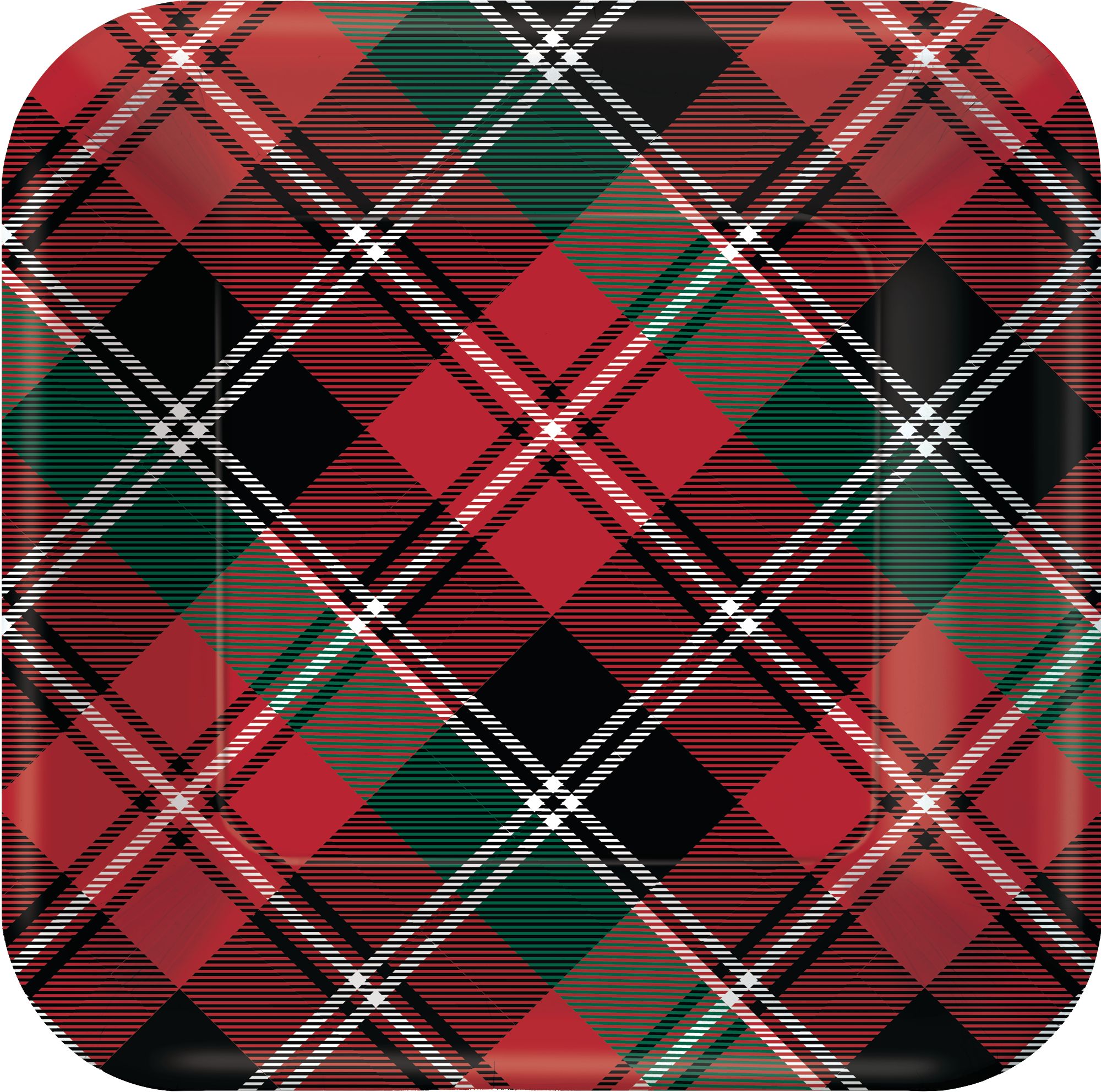 Square Paper Disposable Dessert Plates, Red/Green, Plaid, 7-in,40-pk,for Christmas/Winter Party Overhead_Flat
