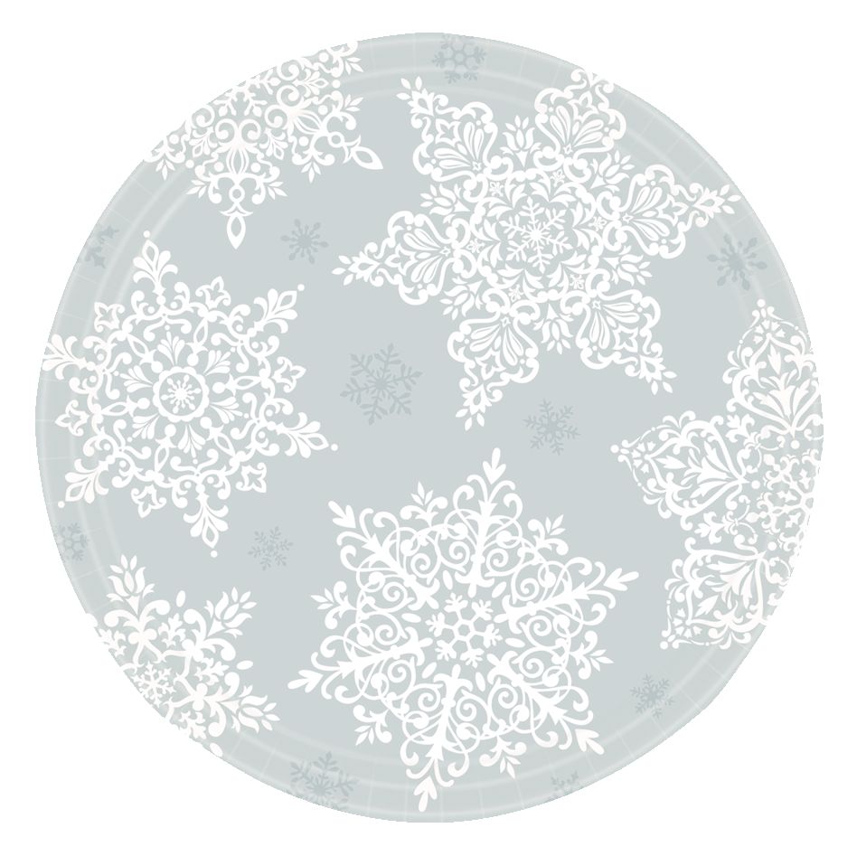 Round Paper Disposable Dessert Plates, Silver, 7-in, 60-pk, for Christmas/Winter Party Overhead_Flat